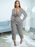 Women's Spring Autumn Two Piece Outfit Sets Solid Color Long Sleeve Crop Tops + High Waist Pants Casual Matching