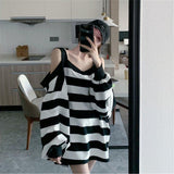 Striped Sweatshirt Women Harajuku Gothic Hoodie Clothes Cotton Korean Long Sleeve Off Shoulder Kawaii Tops Oversize