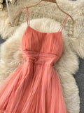 Women Sexy Mesh Spaghetti Strap Long Dress Summer Orange/Purple/Blue/Pink Ruffle A-Line Beach Robe Female Elegant Party
