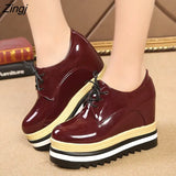 Brand Spring Casual Solid Women Shoes Patent Leather Lace-Up Loafers Platforms Sneakers British Style Ladies Oxfords