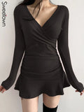 Black Knitted Ribbed Midi Dresses For Women V Neck Elegant Korean Clothes Long Sleeve Ruffles Bodycon Dresses