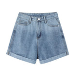 High Waist Button Wide Leg Black Jeans Shorts New Summer Casual Gradient All-match Fold Loose Fit Blue Denim Shorts