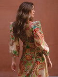Print Lantern Sleeves Pleated Long Dresses Women Chic V-neck High Waist A-line Dresses 2024 Summer Lady Vocation