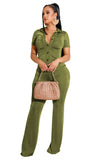 Women 2 Piece Set Elegant Solid Button Short Sleeve Shirts High Waist Flare Pants 2022 Summer Work Office Lady