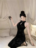 Hot Girl Retro Long Dress Children's Autumn Elegant Velvet Embossed Pearl Chain Cheongsam Dress Fashion Female