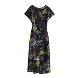 Spring Silk Satin Texture V-Collar Printed Flute Dress