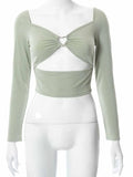 V-neck Long Sleeve Crop Tops Spring Fall Casual Fashion Women Square Collar Slim Ribbed T-Shirts Backless