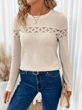 Zingj Hot Style Autumn Solid Color Lace Stitching Round Collar Women Long Sleeved T Shirt