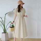 Korean Linen Midi Party Dress Summer V Neck Short Sleeve Elegant Pink Casual Women'S Dresses Clothing