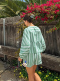 Striped Print Shorts Suit Women Lace Up Bow T-shirts High Waist Wide Leg Short Pant Sets 2024 Fashion Holiday Lady