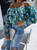 Zingj Burst Autumn Sexy Fashion One-Word Collar Off-The-Shoulder Print Shirt