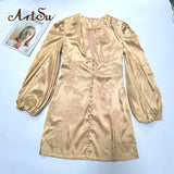 Women's Satin Dresses Green Gold Deep V Neck Botton Lantern Sleeve Mini Dress Sexy Female Party Dresses Club Autumn