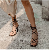 Onlymaker Women's Square Toe Black Beige Strap Stiletto Fashion Big Size