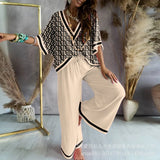 Zingj Women's Patchwork Print V-Neck Top Elastic Waist Tied With Wide Leg Trouser