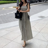 Zingj Chic Summer Niche Temperament Square Collar Dew Collarbone Color Stripe Waist Show Thin Halter Dress