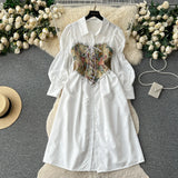 Zingj Autumn Light French Court Bubble Sleeves Single Breasted Shirt Dress + Sling Printed Vest Two-Piece