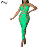 Summer Bodycon Dress Women Fashion Streetwear Backless Halter Midi Dresses Party Hollow Sheath Bohemian