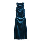 New Velvet Sleeveless Pleated Midi Dress