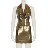 Gold Metallic Halter Backless Mini Dress- Outfit