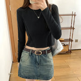 Three-Dimensional Fishbone Round-Necked Blouse Women's Long-Sleeved Autumn And Winter New Minority Short Spicy Girls T-Shirt