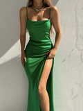 Cowl Neck Split Satin Maxi Dress- Outfit