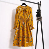 Summer Dress Women Lady Korean Style Vintage Floral Printed Cotton-Chiffon Shirt Dress Long Sleeve Bow Midi Dress