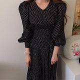 Women Fashion French Vintage Maxi Dress 2022 One Piece Ladies Dot Print Vestdios Femme Porm
