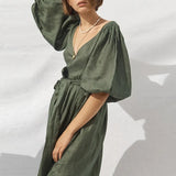 Fashion Cotton Linen Summer Women Dress Yellow Casual Puff Sleeve V-Neck Bandage Holiday Beach Party