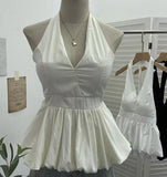 Retro Hanging Neck Tie With Bare Back Sling Skirt Folded Short Sleeveless Top Woman