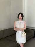 Spicy Girl Lace Stitching Dress Women Summer White Temperament Waist Sleeveless Wrap Hip Short Dress Fashion Lady