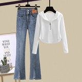 Zingj Slim Hot Girl Top With A Two-Piece Set With Slit Jeans-Outfit