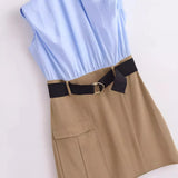 New Spring Style With Belt Collision Color Sleeveless Flute Dress
