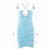Women Halter Sexy Backless Dress 2021 Summer Strapless Hollow Out Beach Mini Dresses Ladies Solid Ruched Party