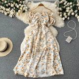 Zingj Dress Female Summer French Grandiflorum One Word Shoulder Short Sleeve Fairy Dress Super Fairy Tea Break Slit Over The Knee Long