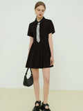 Polo Ruffles Pleated Dresses Women Short Sleeve Solid Vestidos Chic Lattice Tie Summer Mini A-line Dress Preppy