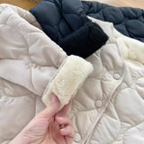 Lamb Wool Splicing Down Cotton Jacket Female Winter 2024 The Korean Version Of Loose Diamond Case Light Warm Cotton-Padded Jacket Padded Jacket Coat-Outfit