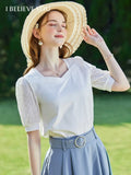 BELIEVE YOU Summer New Women's T-shirt French Hollow Out Short Sleeve T-shirts Slim Square Collar T-shirt Top Women