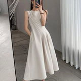 New Spring Summer O Neck Solid Color Sleeveless Chic Dress For Women's French Waist Show Thin Temperament Goddess Fan