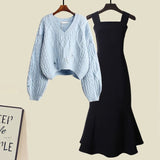 Zingj And Winter Suit Women's 2024 New French Feeling Cross Knit Sweater With Fishtail Dress Two Sets-Outfit