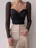 2022 Summer Frill Crop Top Fashion Back Zipper Mesh Sleeve Patchwork Corset Women Sexy Square Collar T