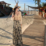 Zingj Spot 2024 Ink Painting Leaves Chiffon Wide Leg Pants Open Fork High Waist Show Thin Pants Pants Sun