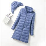 Korean Version Slim Light Down Jacket Female Long Slim Standing Collar Can Take Off The Hat Women's Large Size Coat Tide-Outfit