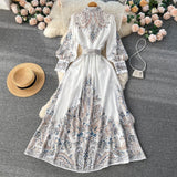 Zingj Spring And Autumn Style Holiday Style Holiday Style Lantern Sleeve Printed Dress A Skirt With Waist Swinging Above Knee