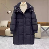 Autumn Winter New Station Hooded Down Jacket Female Long Style Reduce Age Thickening Warm White Duck Down Coat Tide-Outfit