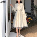 Sleeve Dress Women Patchwork Bow Collar Embroidery Elegant College Trendy Causal Holiday Ulzzang Empire Lovely Fall