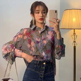 Long Sleeve Women Blouse Chiffon Blouses Female Shirts Tops Floral V-Neck Loose