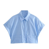 Zingj 2023 New Fashion Versatile Lapel Short Sleeve Striped Pocket Shirt Top