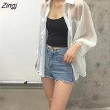 Women Summer Thin Chiffon Soft Breathable Sheer See-through Full Blouses Basic All-match Fashion Female Chic Loose