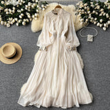 Light Ripe Wind Collar Pleated Lantern Long Sleeved Waist Dress Feminine French Large Pendulum Chiffon