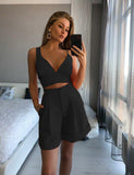 Summer V Neck Strap Crop Top + High Waist Shorts Women's Solid Color